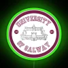 University of Galway crest illuminated in vibrant RGB LED glow.