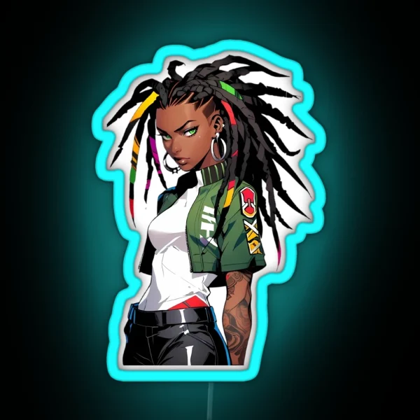 Urban Warrior With Braided Hair Anime Style Art RGB Neon Sign
