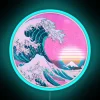 Retrofuturistic vaporwave aesthetic inspired by Katsushika Hokusai's iconic coastal landscape.