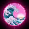 Vibrant Neon Retrofuturistic Sign Inspired by Japanese Masterpiece's Calming Waves