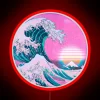 Vaporwave-inspired retro sunset aesthetic of Japanese great wave in neon
