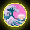 Vintage vaporwave art meets classic Kanagawa seascape with retro sunset glow