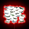 Vintage WWII aircraft illuminated in vibrant, colorful neon lighting effects
