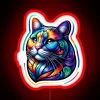 Colorful vibrant cat portrait neon art wall decorative accent lighting.