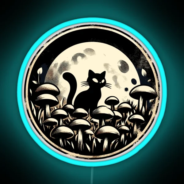 Vintage Black Cat In Mushroom Garden RGB Neon Sign