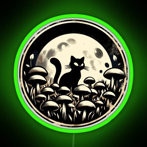 Vintage Black Cat In Mushroom Garden RGB Neon Sign