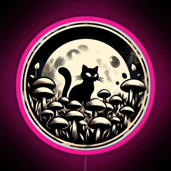 Vintage Black Cat In Mushroom Garden RGB Neon Sign