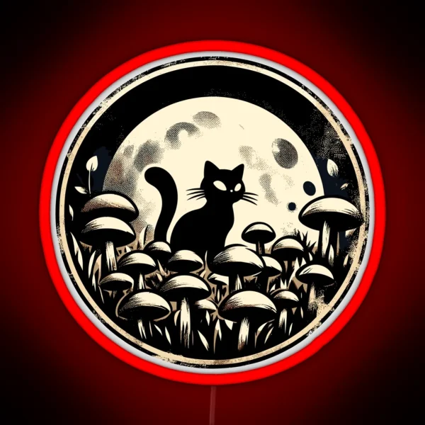 Vintage Black Cat In Mushroom Garden RGB Neon Sign