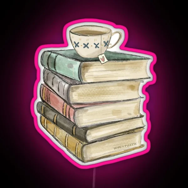 Vintage Book Stack And Tea RGB Neon Sign