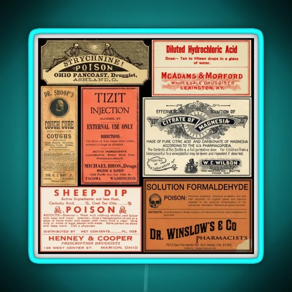 Vintage Drug Labels Poisons Of Yore RGB Neon Sign