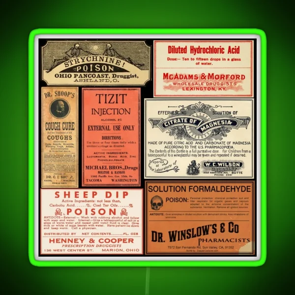 Vintage Drug Labels Poisons Of Yore RGB Neon Sign