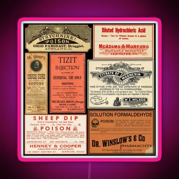 Vintage Drug Labels Poisons Of Yore RGB Neon Sign
