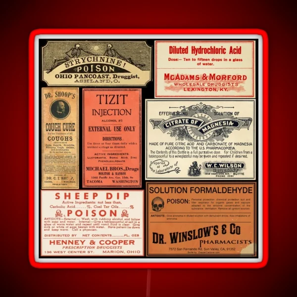Vintage Drug Labels Poisons Of Yore RGB Neon Sign