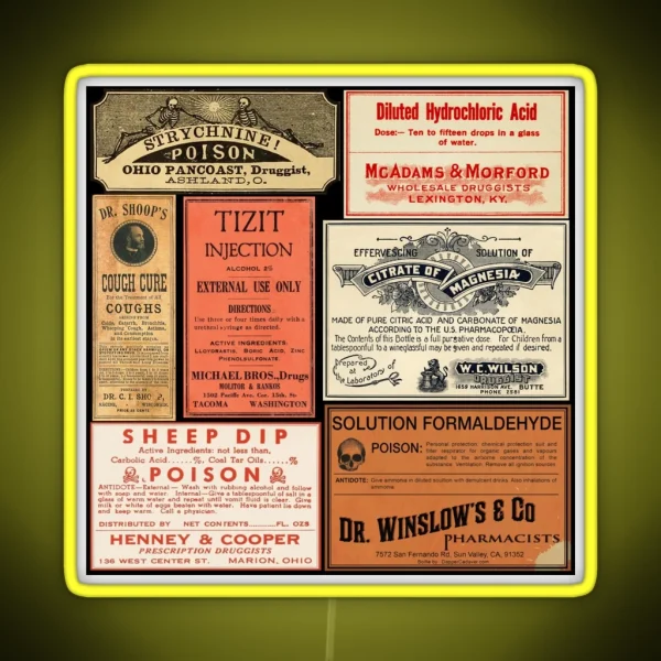 Vintage Drug Labels Poisons Of Yore RGB Neon Sign