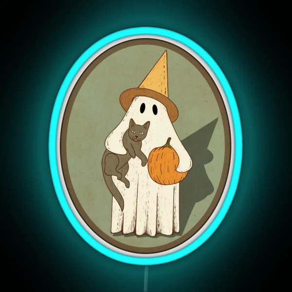 Vintage Ghost With Cat Halloween Graphic RGB Neon Sign