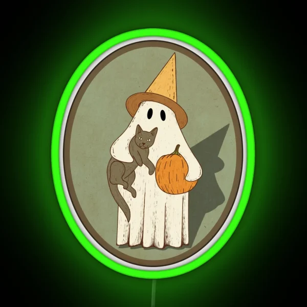 Vintage Ghost With Cat Halloween Graphic RGB Neon Sign