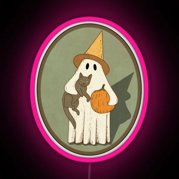 Vintage Ghost With Cat Halloween Graphic RGB Neon Sign