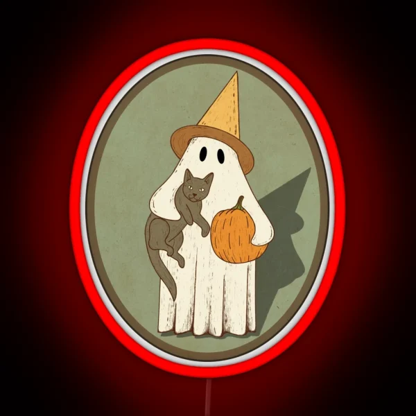 Vintage Ghost With Cat Halloween Graphic RGB Neon Sign