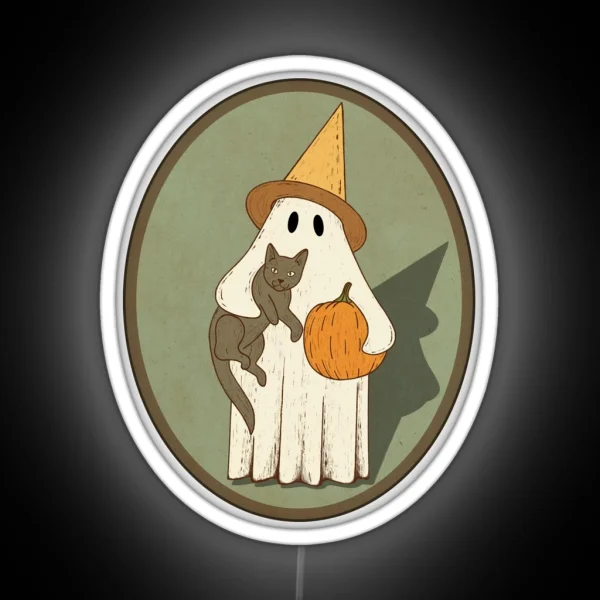 Vintage Ghost With Cat Halloween Graphic RGB Neon Sign