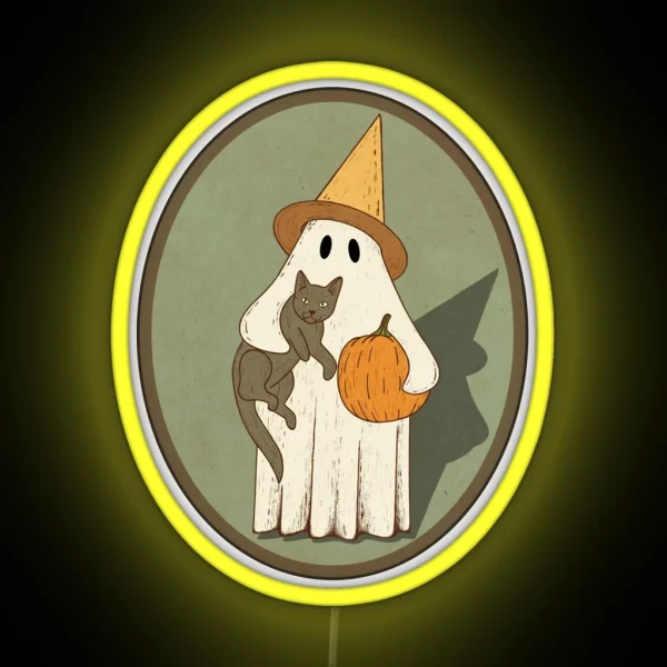Vintage Ghost With Cat Halloween Graphic RGB Neon Sign