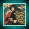 Eye-catching vintage poster of Demon Slayer's Giyu Tomioka in neon lights
