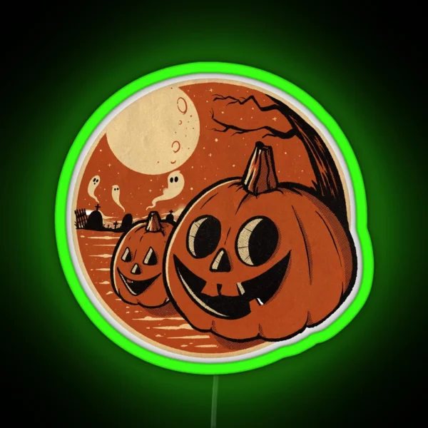 Vintage Halloween Pumpkin Scene RGB Neon Sign