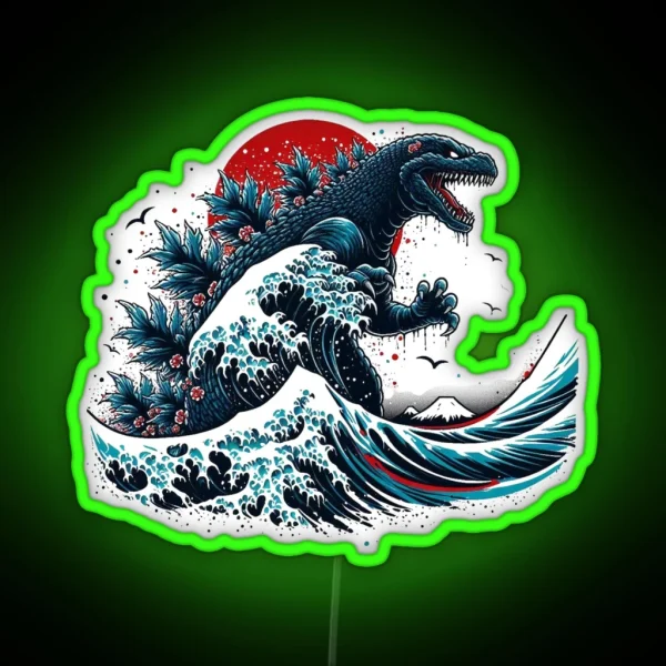 Vintage Japanese Godzilla Great Wave RGB Neon Sign