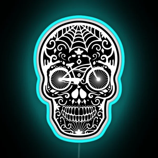 Vintage Mexican Skull With Bicycle White On Black RGB Neon Sign