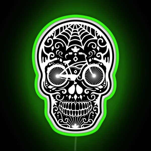 Vintage Mexican Skull With Bicycle White On Black RGB Neon Sign