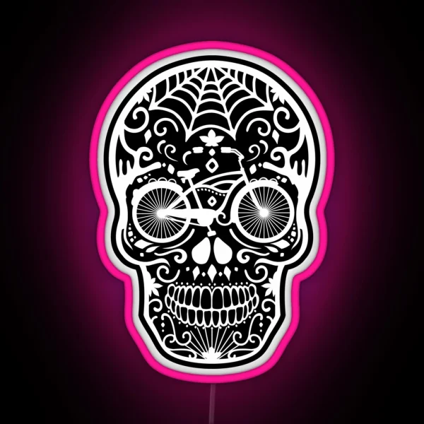 Vintage Mexican Skull With Bicycle White On Black RGB Neon Sign