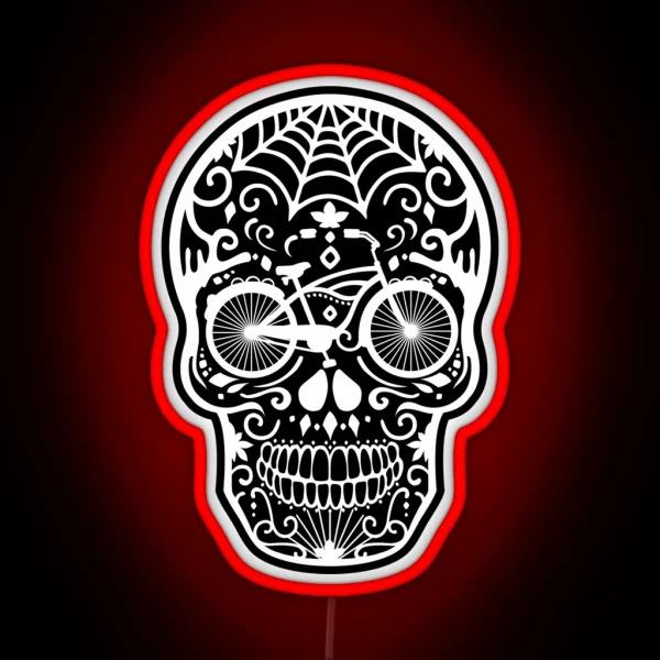 Vintage Mexican Skull With Bicycle White On Black RGB Neon Sign