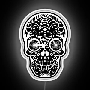 Vintage Mexican Skull With Bicycle White On Black RGB Neon Sign