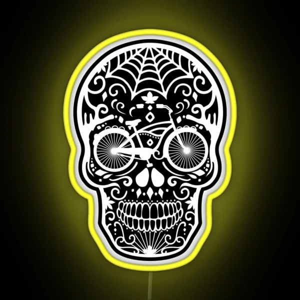 Vintage Mexican Skull With Bicycle White On Black RGB Neon Sign