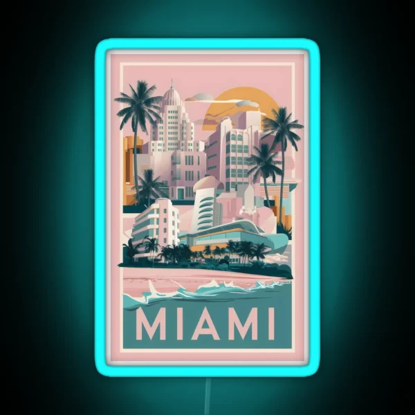 Vintage Miami Design With Neon 80s Vibes Miami Florida Travel Poster RGB Neon Sign