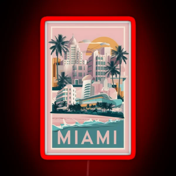 Vintage Miami Design With Neon 80s Vibes Miami Florida Travel Poster RGB Neon Sign