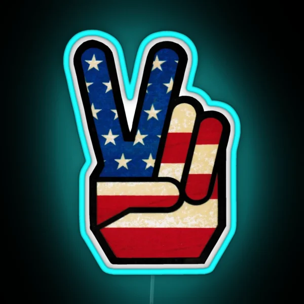 Vintage Peace Sign Fingers American Flag RGB Neon Sign