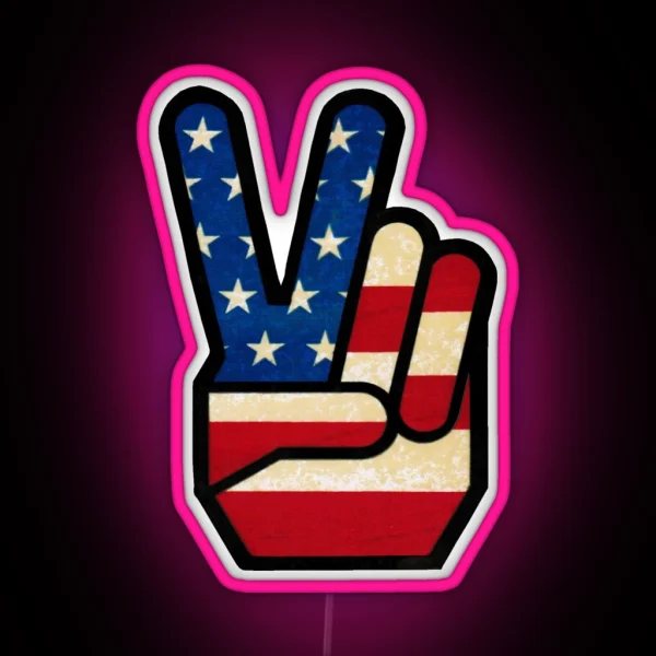 Vintage Peace Sign Fingers American Flag RGB Neon Sign