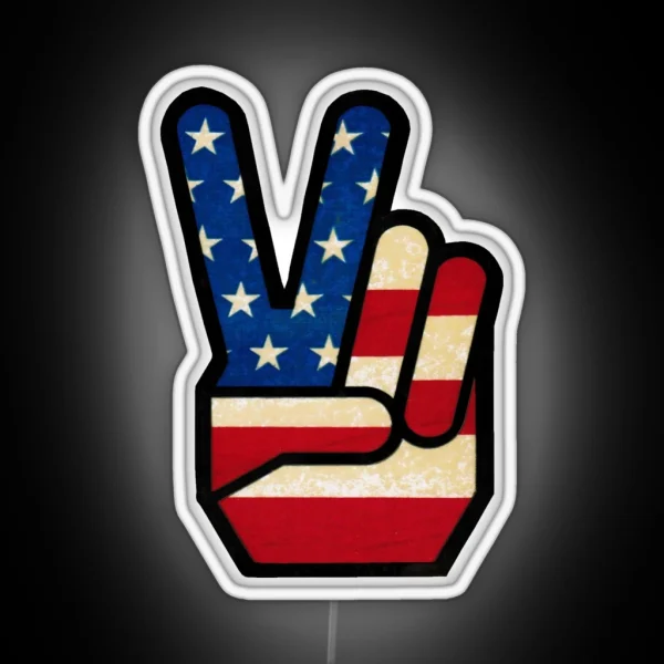 Vintage Peace Sign Fingers American Flag RGB Neon Sign