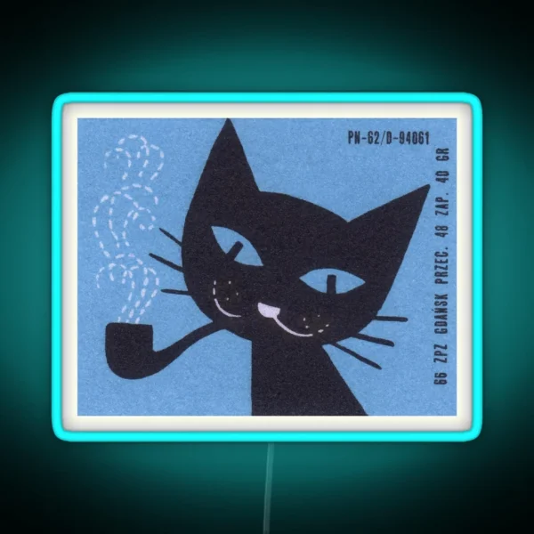 Vintage Polish Matchbox Label Cat Smoking Pipe RGB Neon Sign
