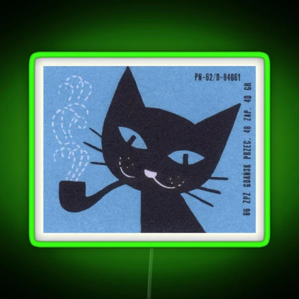 Vintage Polish Matchbox Label Cat Smoking Pipe RGB Neon Sign
