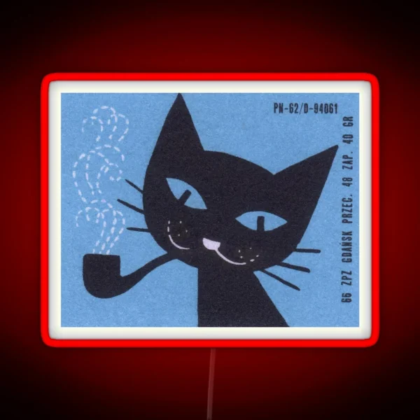 Vintage Polish Matchbox Label Cat Smoking Pipe RGB Neon Sign