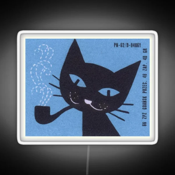 Vintage Polish Matchbox Label Cat Smoking Pipe RGB Neon Sign