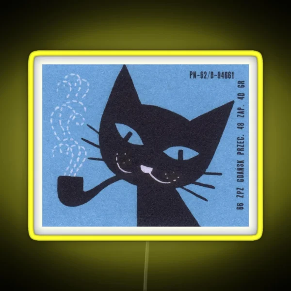 Vintage Polish Matchbox Label Cat Smoking Pipe RGB Neon Sign
