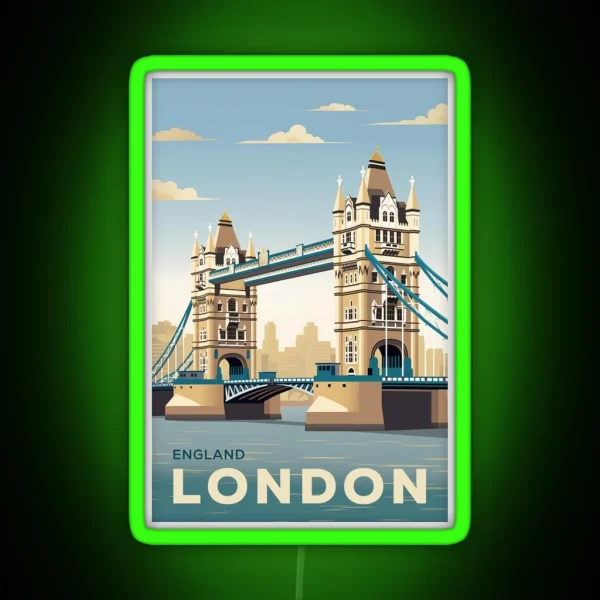 Vintage Retro Travel Poster London Tower Bridge England RGB Neon Sign