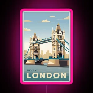 Vintage Retro Travel Poster London Tower Bridge England RGB Neon Sign