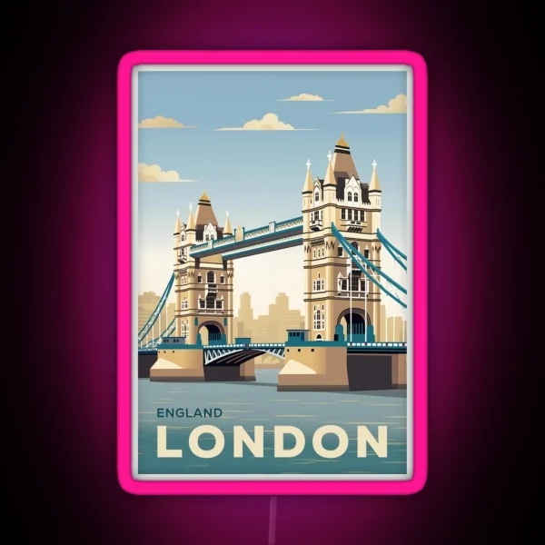 Vintage Retro Travel Poster London Tower Bridge England RGB Neon Sign