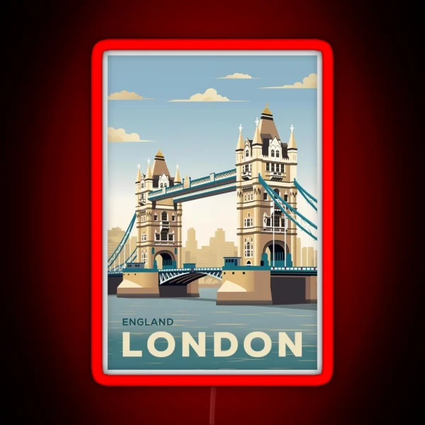 Vintage Retro Travel Poster London Tower Bridge England RGB Neon Sign