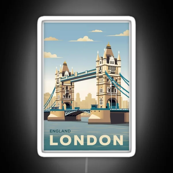 Vintage Retro Travel Poster London Tower Bridge England RGB Neon Sign