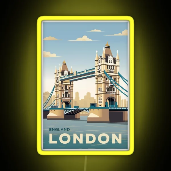 Vintage Retro Travel Poster London Tower Bridge England RGB Neon Sign
