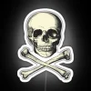 Vintage neon skull crossbones warning sign with colorful scary glow